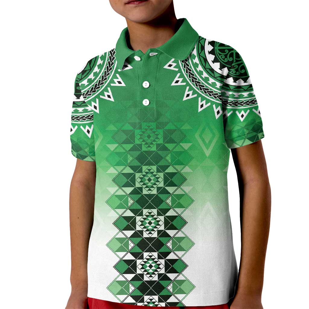 New Zealand Kid Polo Shirt Poutama Mix Green Taniko Inspired Art LT05 Kid Green - Polynesian Pride