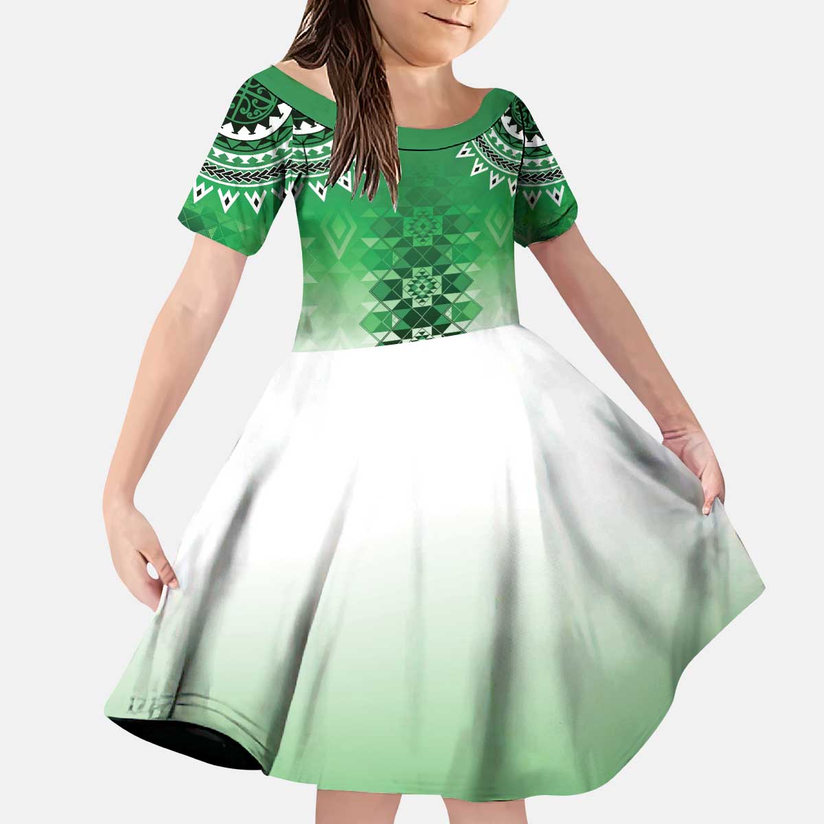 New Zealand Kid Short Sleeve Dress Poutama Mix Green Taniko Inspired Art LT05 KID Green - Polynesian Pride