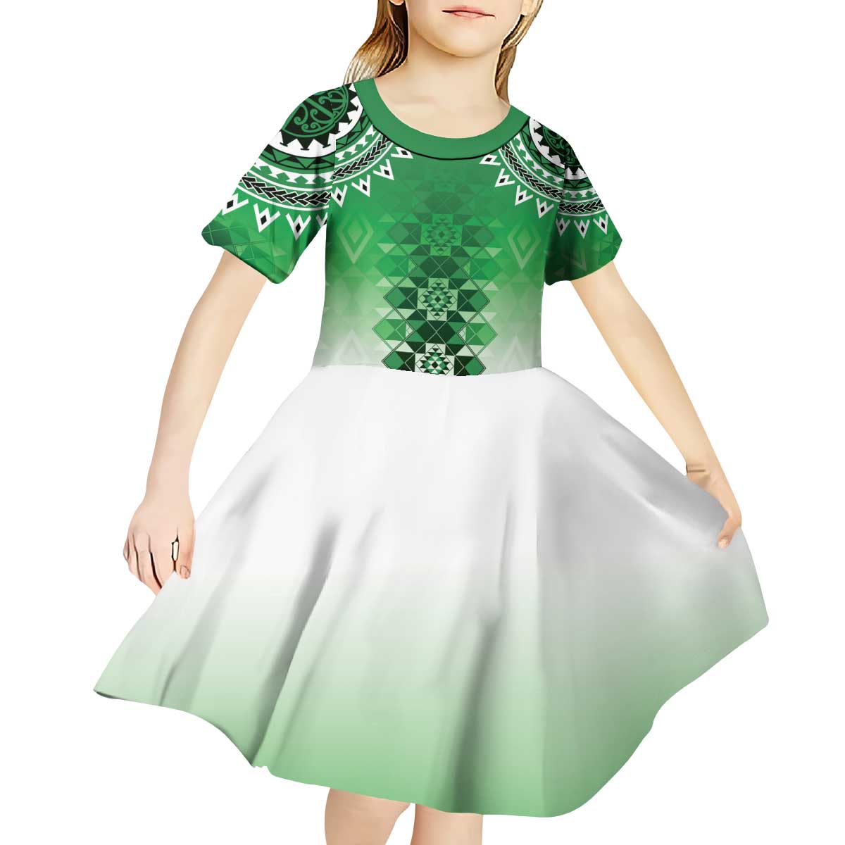 New Zealand Kid Short Sleeve Dress Poutama Mix Green Taniko Inspired Art LT05 - Polynesian Pride