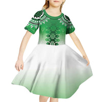 New Zealand Kid Short Sleeve Dress Poutama Mix Green Taniko Inspired Art LT05 - Polynesian Pride