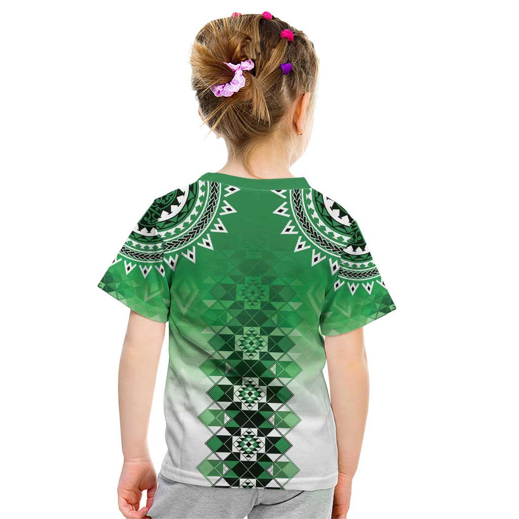 New Zealand Kid T Shirt Poutama Mix Green Taniko Inspired Art LT05 - Polynesian Pride