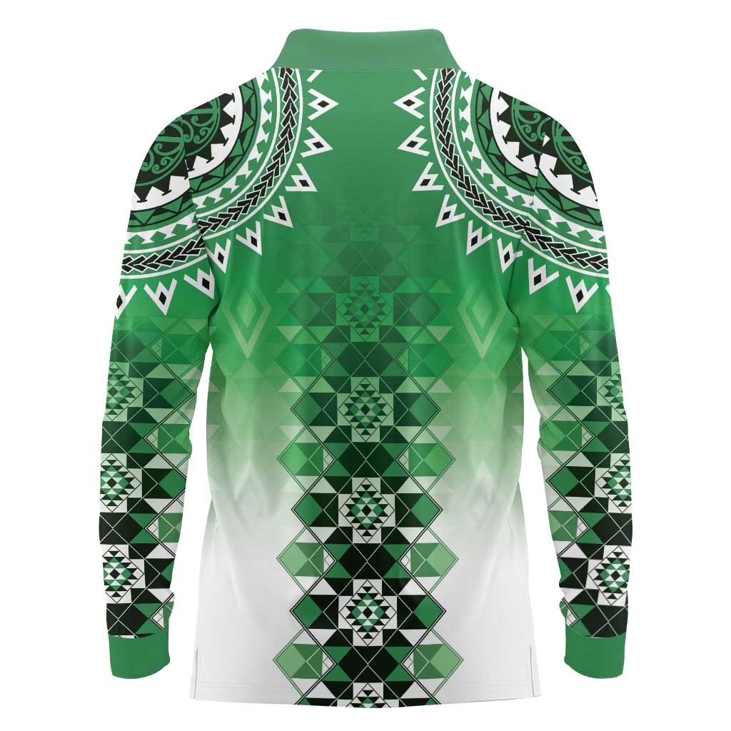 New Zealand Long Sleeve Polo Shirt Poutama Mix Green Taniko Inspired Art LT05 - Polynesian Pride