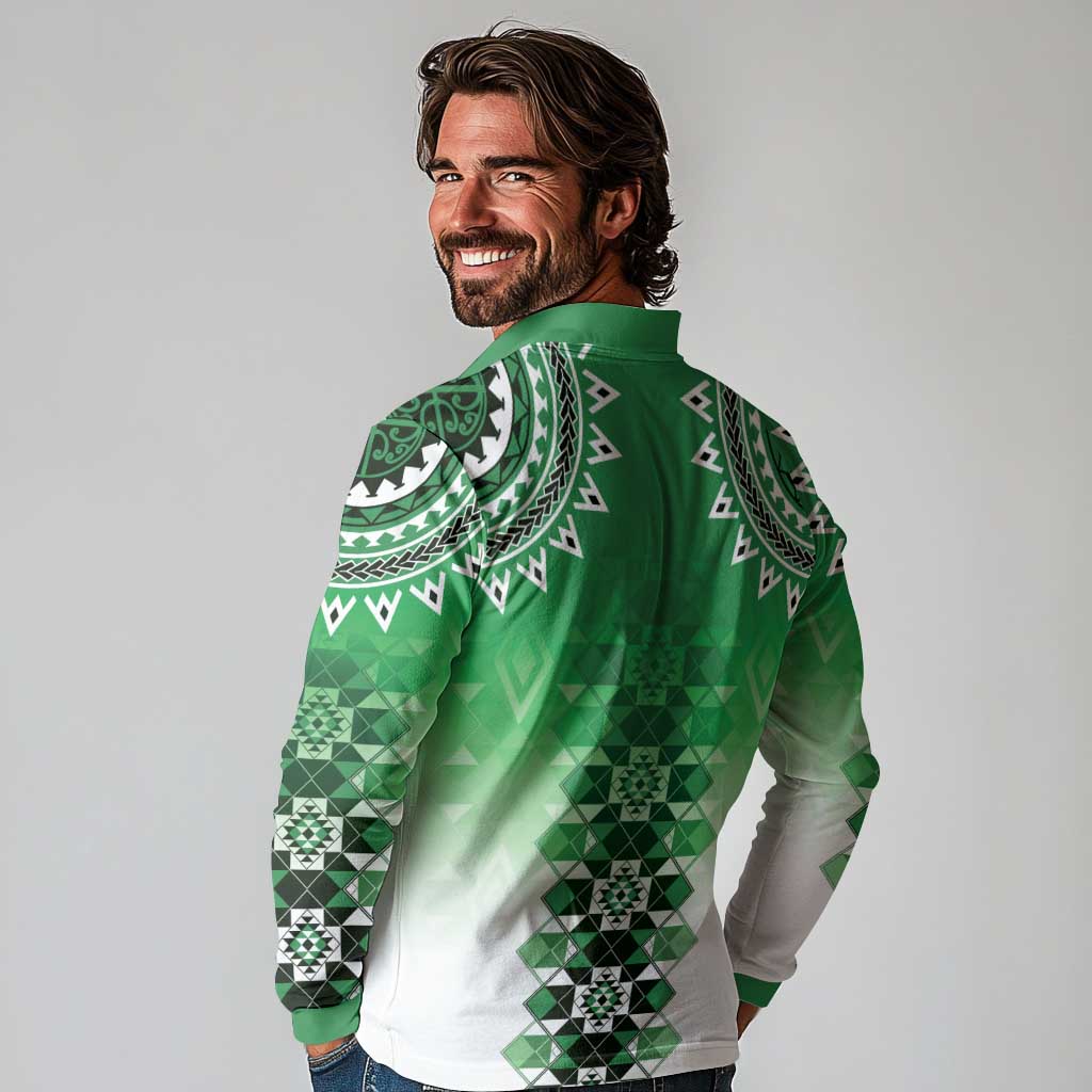 New Zealand Long Sleeve Polo Shirt Poutama Mix Green Taniko Inspired Art LT05 - Polynesian Pride