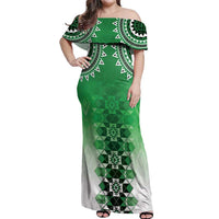 New Zealand Off Shoulder Maxi Dress Poutama Mix Green Taniko Inspired Art LT05 Women Green - Polynesian Pride