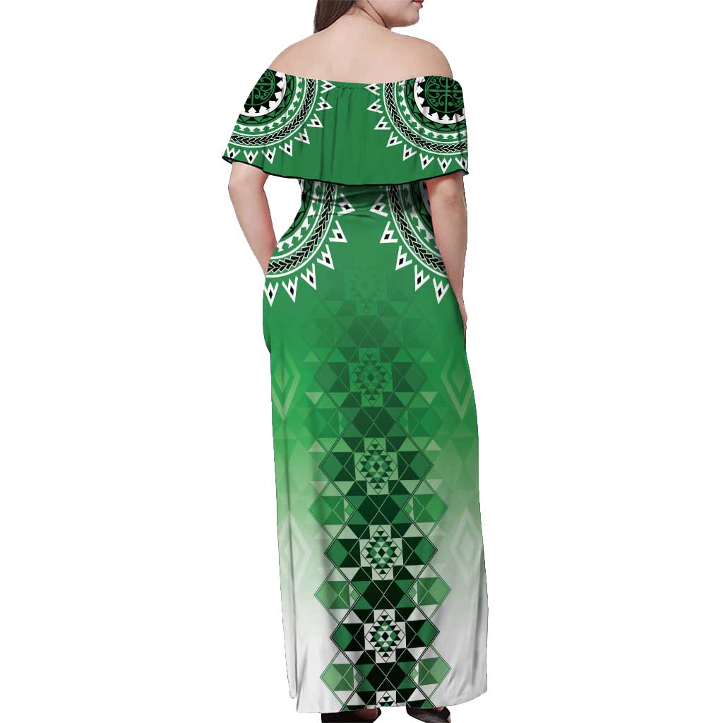 New Zealand Off Shoulder Maxi Dress Poutama Mix Green Taniko Inspired Art LT05 - Polynesian Pride