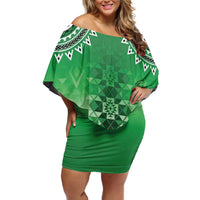 New Zealand Off Shoulder Short Dress Poutama Mix Green Taniko Inspired Art LT05 Women Green - Polynesian Pride