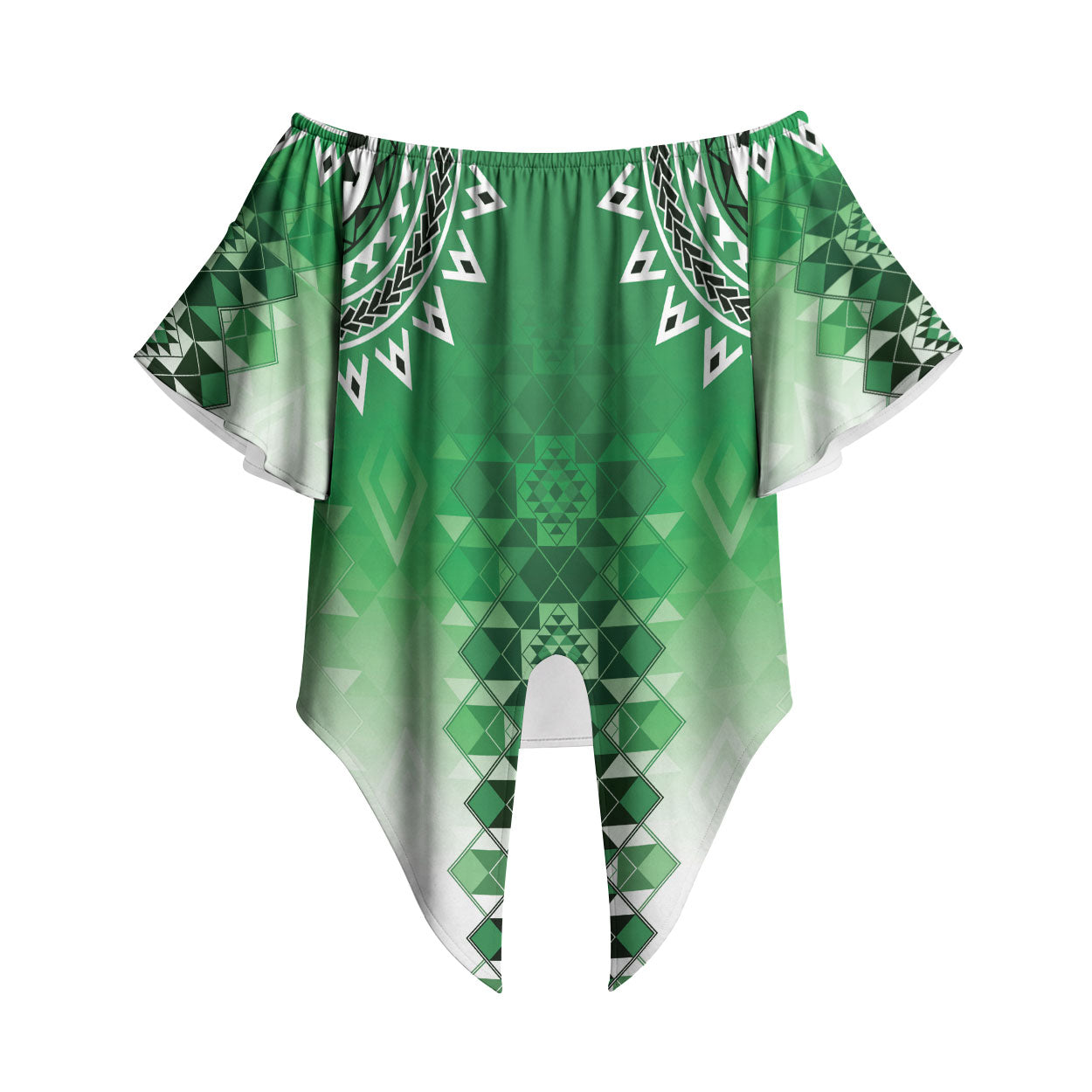 New Zealand Off Shoulder Wrap Waist Top Poutama Mix Green Taniko Inspired Art LT05 Green - Polynesian Pride