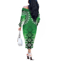 New Zealand Off The Shoulder Long Sleeve Dress Poutama Mix Green Taniko Inspired Art LT05 - Polynesian Pride