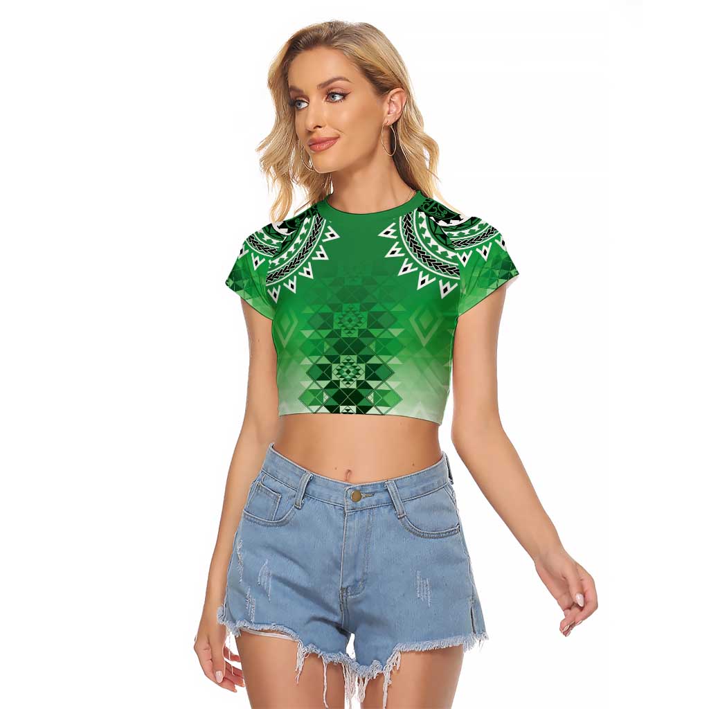 New Zealand Raglan Cropped T Shirt Poutama Mix Green Taniko Inspired Art LT05 Female Green - Polynesian Pride