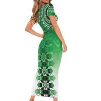 New Zealand Short Sleeve Bodycon Dress Poutama Mix Green Taniko Inspired Art LT05 - Polynesian Pride
