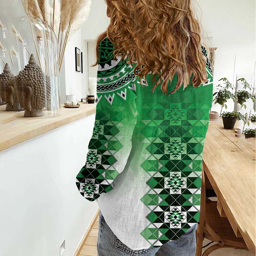 New Zealand Women Casual Shirt Poutama Mix Green Taniko Inspired Art LT05