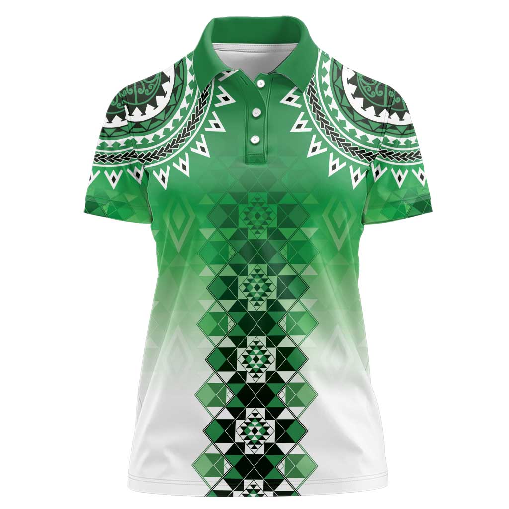 New Zealand Women Polo Shirt Poutama Mix Green Taniko Inspired Art LT05 Female Green - Polynesian Pride