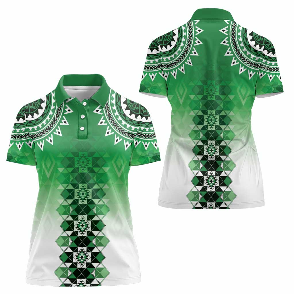 New Zealand Women Polo Shirt Poutama Mix Green Taniko Inspired Art LT05 - Polynesian Pride