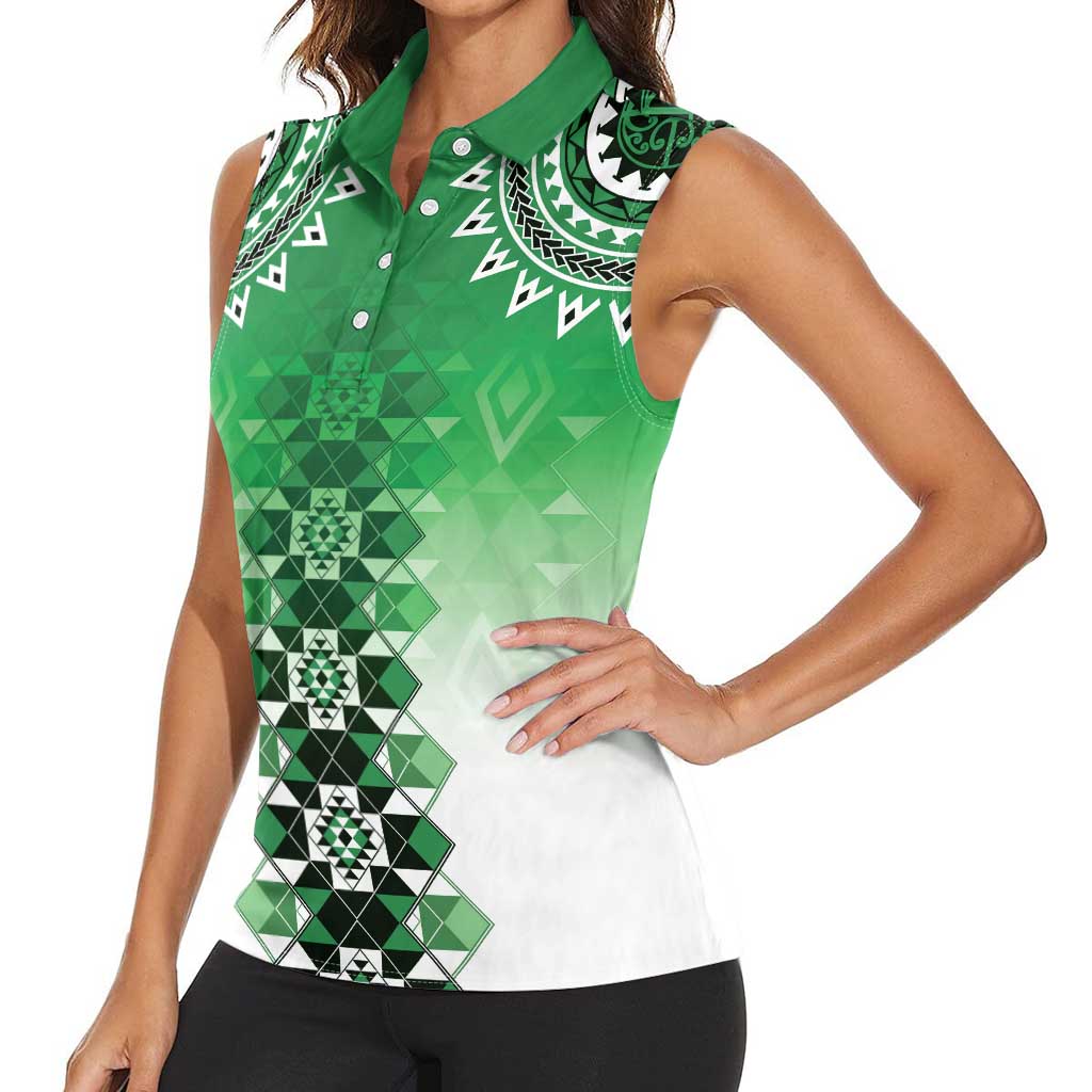 New Zealand Women Sleeveless Polo Shirt Poutama Mix Green Taniko Inspired Art LT05 - Polynesian Pride