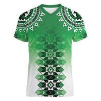 New Zealand Women V-Neck T-Shirt Poutama Mix Green Taniko Inspired Art LT05 Female Green - Polynesian Pride