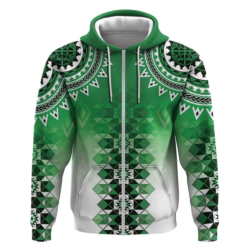 New Zealand Zip Hoodie Poutama Mix Green Taniko Inspired Art LT05 Zip Hoodie Green - Polynesian Pride