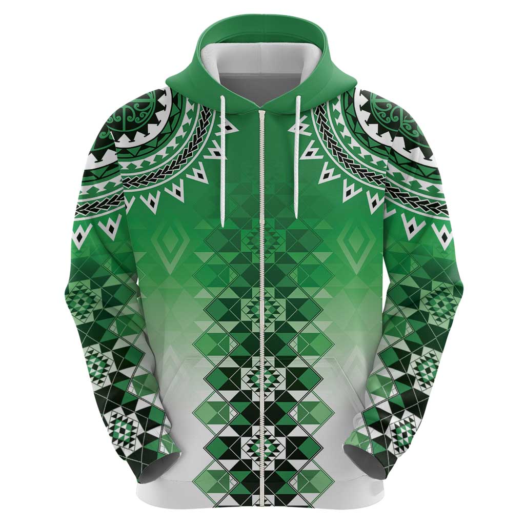 New Zealand Zip Hoodie Poutama Mix Green Taniko Inspired Art LT05 - Polynesian Pride