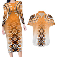 New Zealand Couples Matching Long Sleeve Bodycon Dress and Hawaiian Shirt Poutama Mix Orange Taniko Inspired Art LT05 Orange - Polynesian Pride