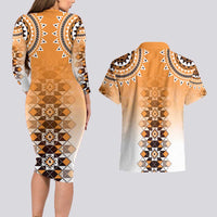 New Zealand Couples Matching Long Sleeve Bodycon Dress and Hawaiian Shirt Poutama Mix Orange Taniko Inspired Art LT05 - Polynesian Pride