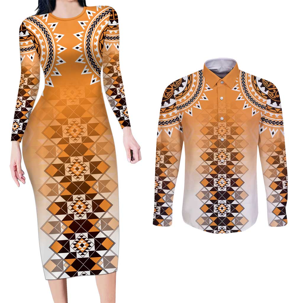 New Zealand Couples Matching Long Sleeve Bodycon Dress and Long Sleeve Button Shirt Poutama Mix Orange Taniko Inspired Art LT05 Orange - Polynesian Pride