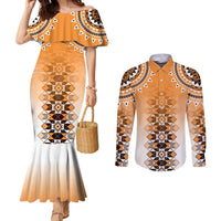 New Zealand Couples Matching Mermaid Dress and Long Sleeve Button Shirt Poutama Mix Orange Taniko Inspired Art LT05 Orange - Polynesian Pride