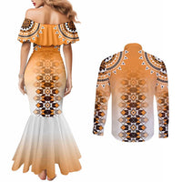 New Zealand Couples Matching Mermaid Dress and Long Sleeve Button Shirt Poutama Mix Orange Taniko Inspired Art LT05 - Polynesian Pride