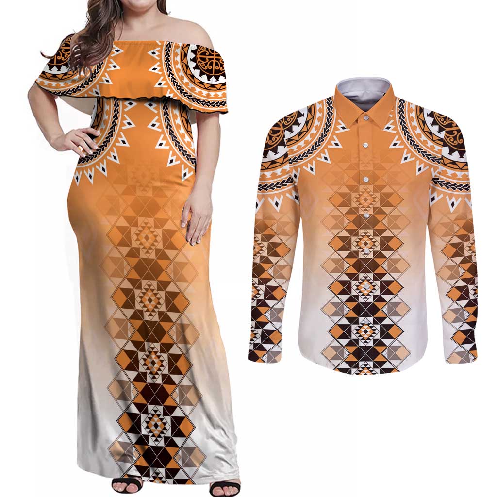 New Zealand Couples Matching Off Shoulder Maxi Dress and Long Sleeve Button Shirt Poutama Mix Orange Taniko Inspired Art LT05 Orange - Polynesian Pride