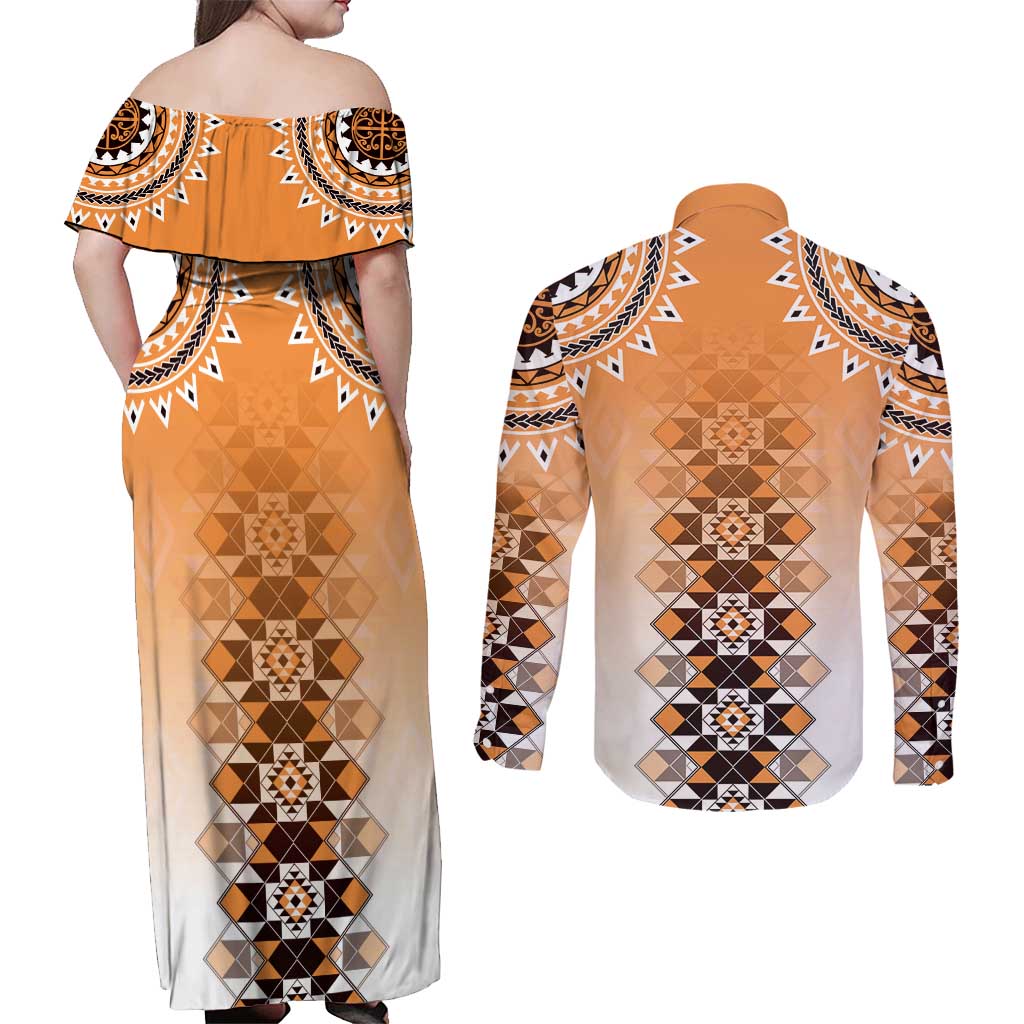 New Zealand Couples Matching Off Shoulder Maxi Dress and Long Sleeve Button Shirt Poutama Mix Orange Taniko Inspired Art LT05 - Polynesian Pride