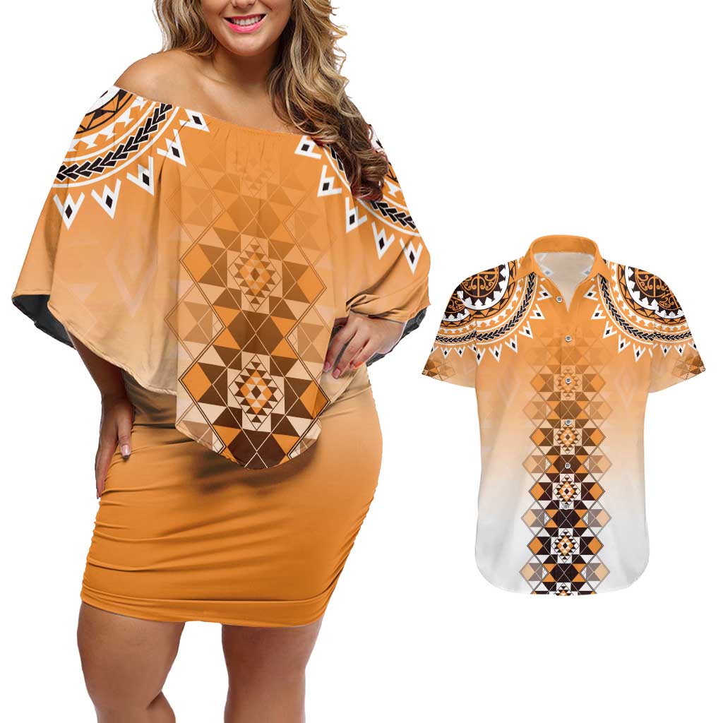 New Zealand Couples Matching Off Shoulder Short Dress and Hawaiian Shirt Poutama Mix Orange Taniko Inspired Art LT05