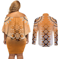 New Zealand Couples Matching Off Shoulder Short Dress and Long Sleeve Button Shirt Poutama Mix Orange Taniko Inspired Art LT05 - Polynesian Pride