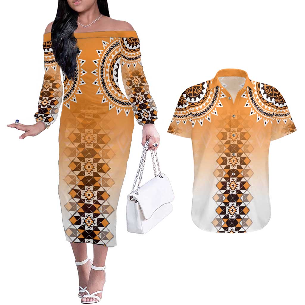 New Zealand Couples Matching Off The Shoulder Long Sleeve Dress and Hawaiian Shirt Poutama Mix Orange Taniko Inspired Art LT05 Orange - Polynesian Pride