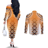 New Zealand Couples Matching Off The Shoulder Long Sleeve Dress and Long Sleeve Button Shirt Poutama Mix Orange Taniko Inspired Art LT05 - Polynesian Pride