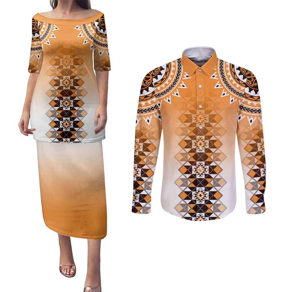 New Zealand Couples Matching Puletasi and Long Sleeve Button Shirt Poutama Mix Orange Taniko Inspired Art LT05 Orange - Polynesian Pride