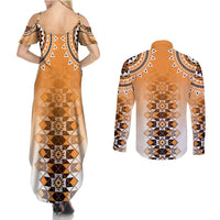New Zealand Couples Matching Summer Maxi Dress and Long Sleeve Button Shirt Poutama Mix Orange Taniko Inspired Art LT05 - Polynesian Pride