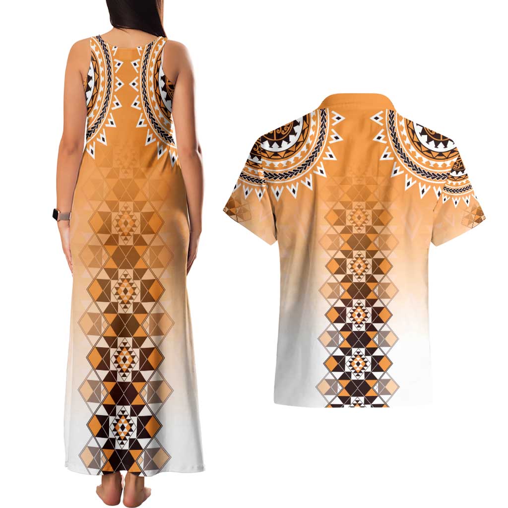 New Zealand Couples Matching Tank Maxi Dress and Hawaiian Shirt Poutama Mix Orange Taniko Inspired Art LT05 - Polynesian Pride