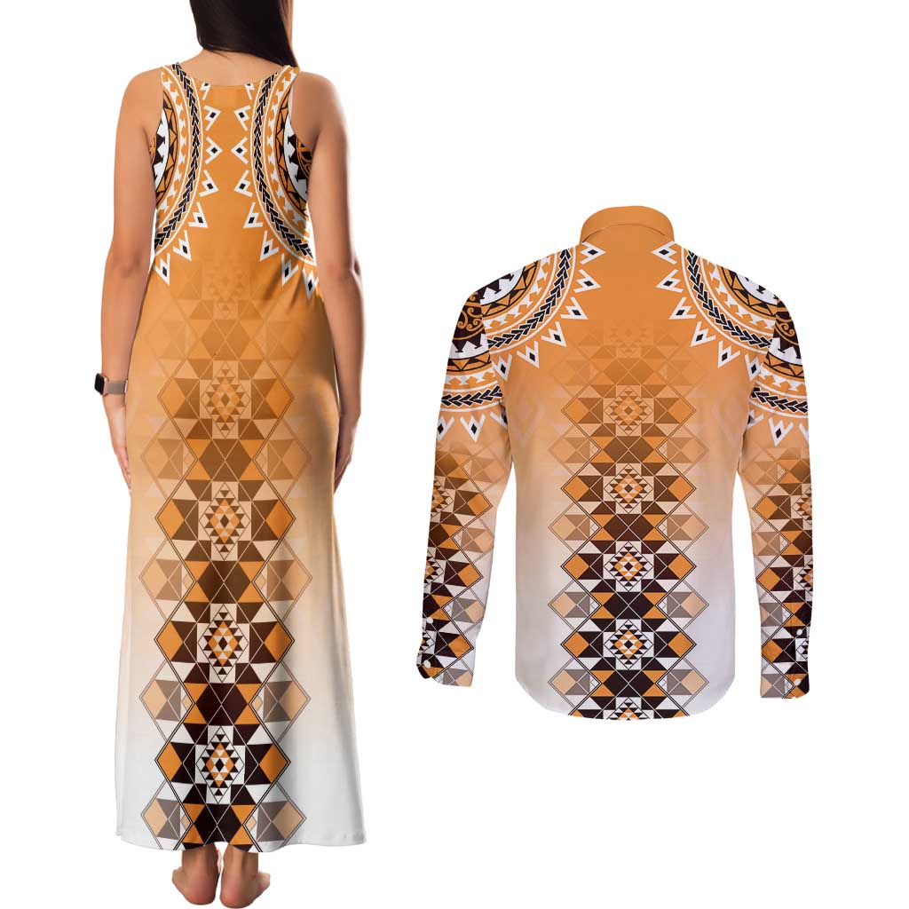 New Zealand Couples Matching Tank Maxi Dress and Long Sleeve Button Shirt Poutama Mix Orange Taniko Inspired Art LT05 - Polynesian Pride