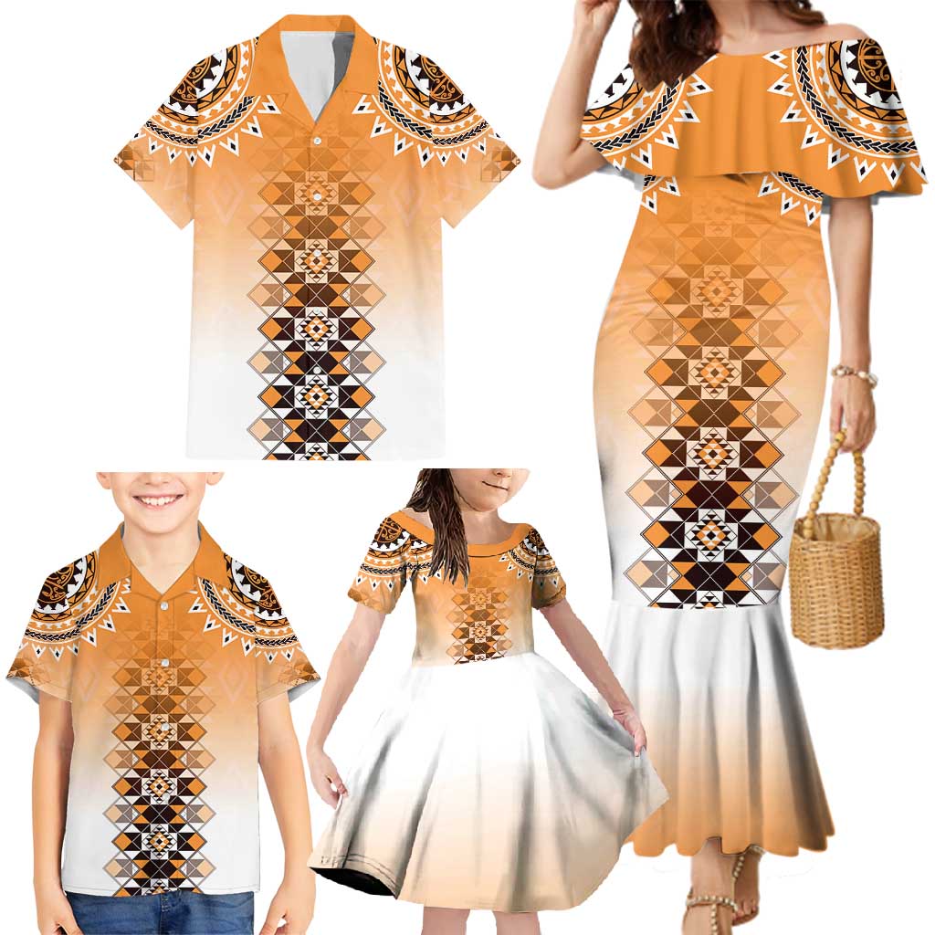 New Zealand Family Matching Mermaid Dress and Hawaiian Shirt Poutama Mix Orange Taniko Inspired Art LT05 - Polynesian Pride