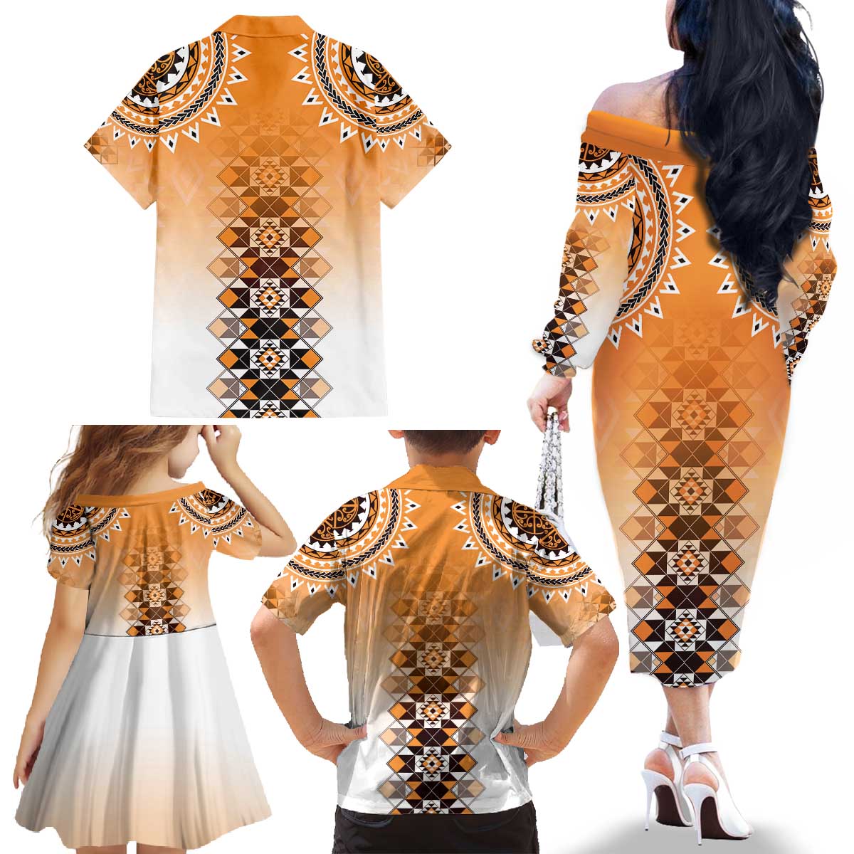 New Zealand Family Matching Off The Shoulder Long Sleeve Dress and Hawaiian Shirt Poutama Mix Orange Taniko Inspired Art LT05 - Polynesian Pride