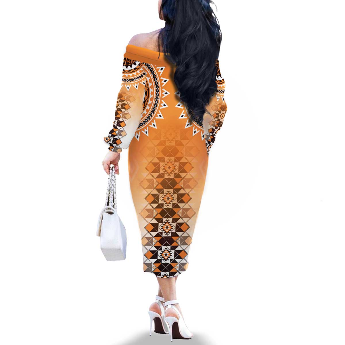 New Zealand Family Matching Off The Shoulder Long Sleeve Dress and Hawaiian Shirt Poutama Mix Orange Taniko Inspired Art LT05 - Polynesian Pride