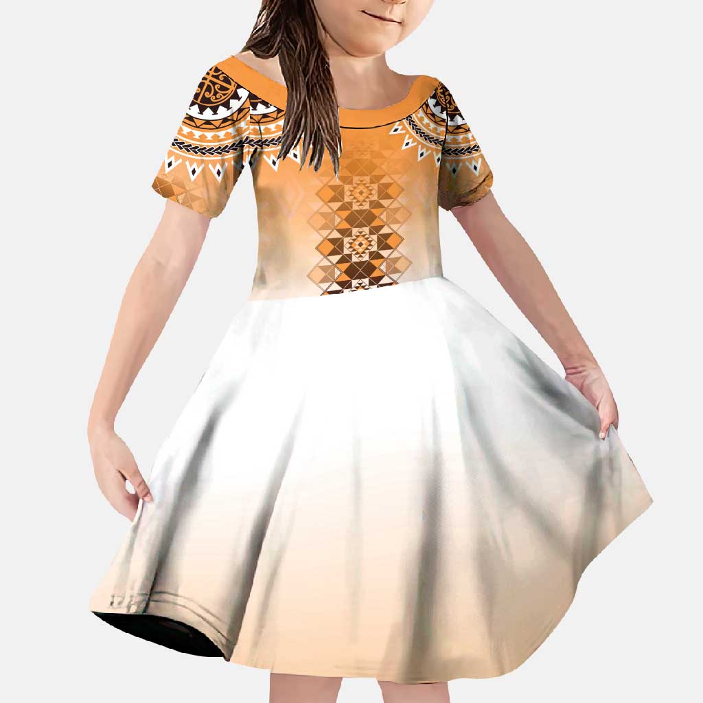 New Zealand Family Matching Off Shoulder Maxi Dress and Hawaiian Shirt Poutama Mix Orange Taniko Inspired Art LT05 Daughter's Dress Orange - Polynesian Pride