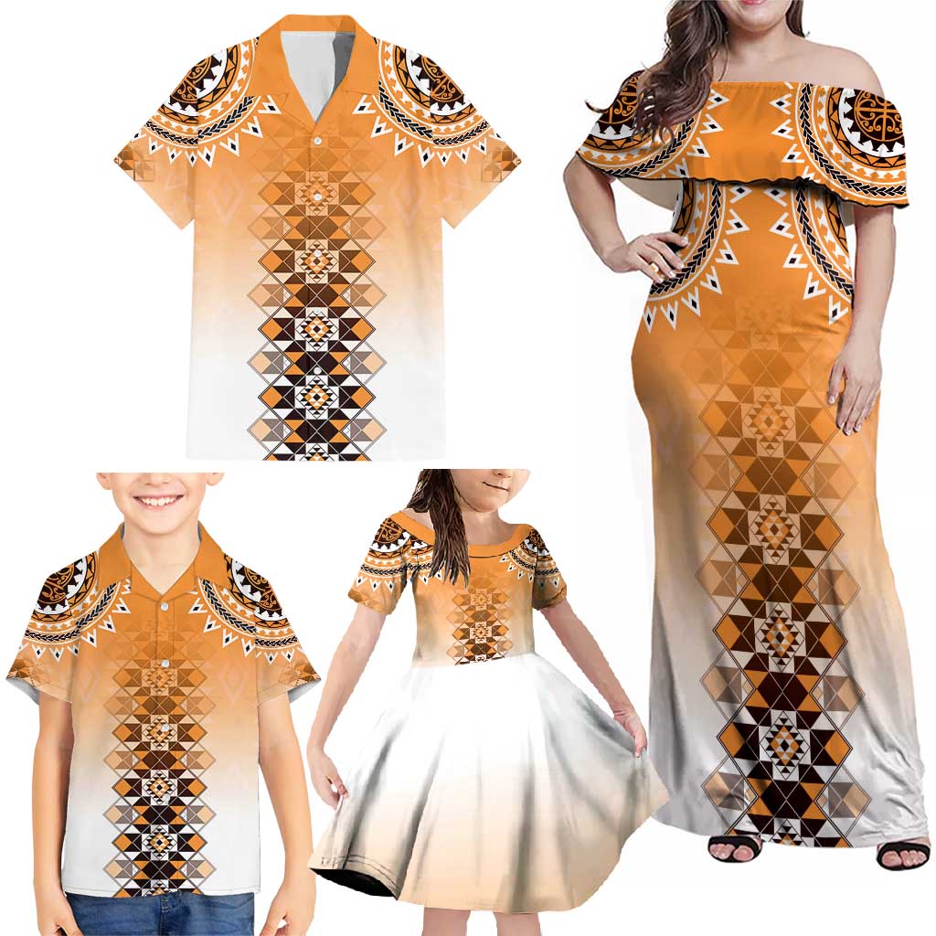 New Zealand Family Matching Off Shoulder Maxi Dress and Hawaiian Shirt Poutama Mix Orange Taniko Inspired Art LT05 - Polynesian Pride
