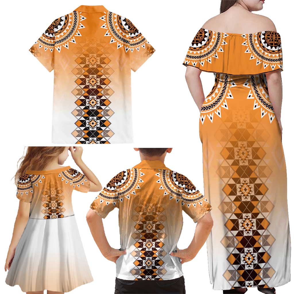 New Zealand Family Matching Off Shoulder Maxi Dress and Hawaiian Shirt Poutama Mix Orange Taniko Inspired Art LT05 - Polynesian Pride