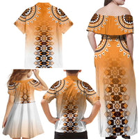 New Zealand Family Matching Off Shoulder Maxi Dress and Hawaiian Shirt Poutama Mix Orange Taniko Inspired Art LT05 - Polynesian Pride