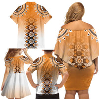 New Zealand Family Matching Off Shoulder Short Dress and Hawaiian Shirt Poutama Mix Orange Taniko Inspired Art LT05 - Polynesian Pride