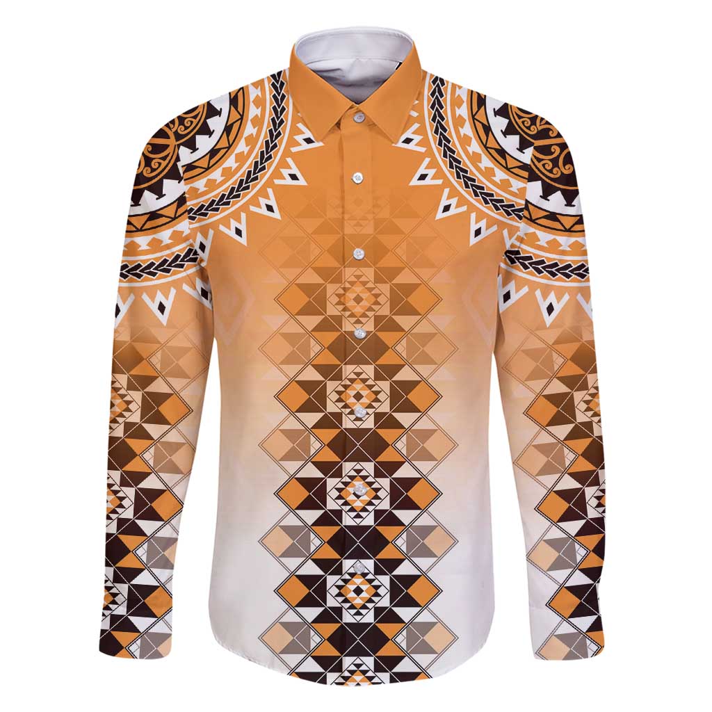 New Zealand Family Matching Off Shoulder Short Dress and Hawaiian Shirt Poutama Mix Orange Taniko Inspired Art LT05 Dad's Shirt - Long Sleeve Orange - Polynesian Pride