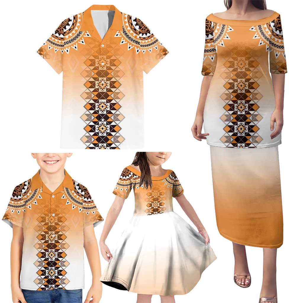 New Zealand Family Matching Puletasi and Hawaiian Shirt Poutama Mix Orange Taniko Inspired Art LT05 - Polynesian Pride