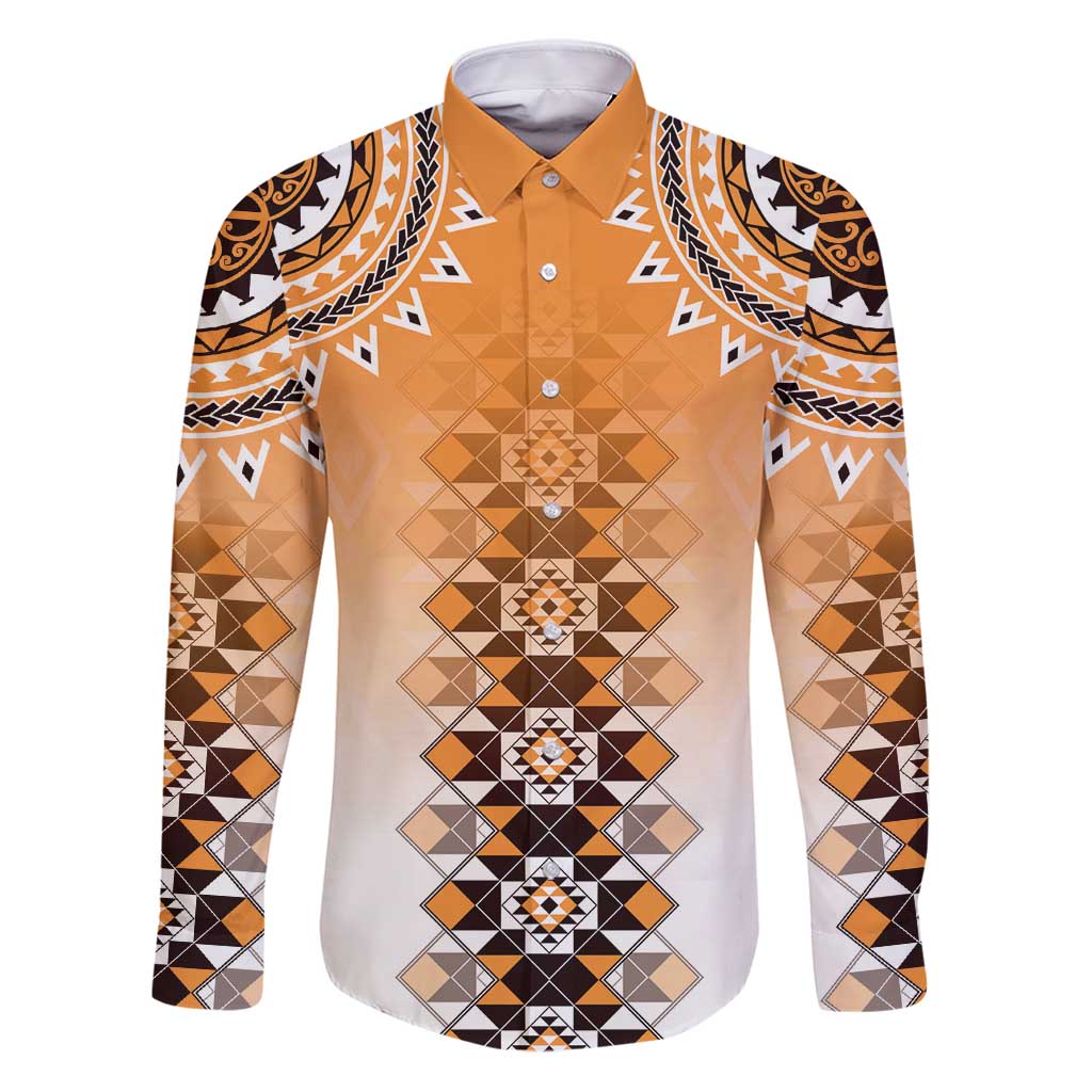 New Zealand Family Matching Puletasi and Hawaiian Shirt Poutama Mix Orange Taniko Inspired Art LT05 Dad's Shirt - Long Sleeve Orange - Polynesian Pride