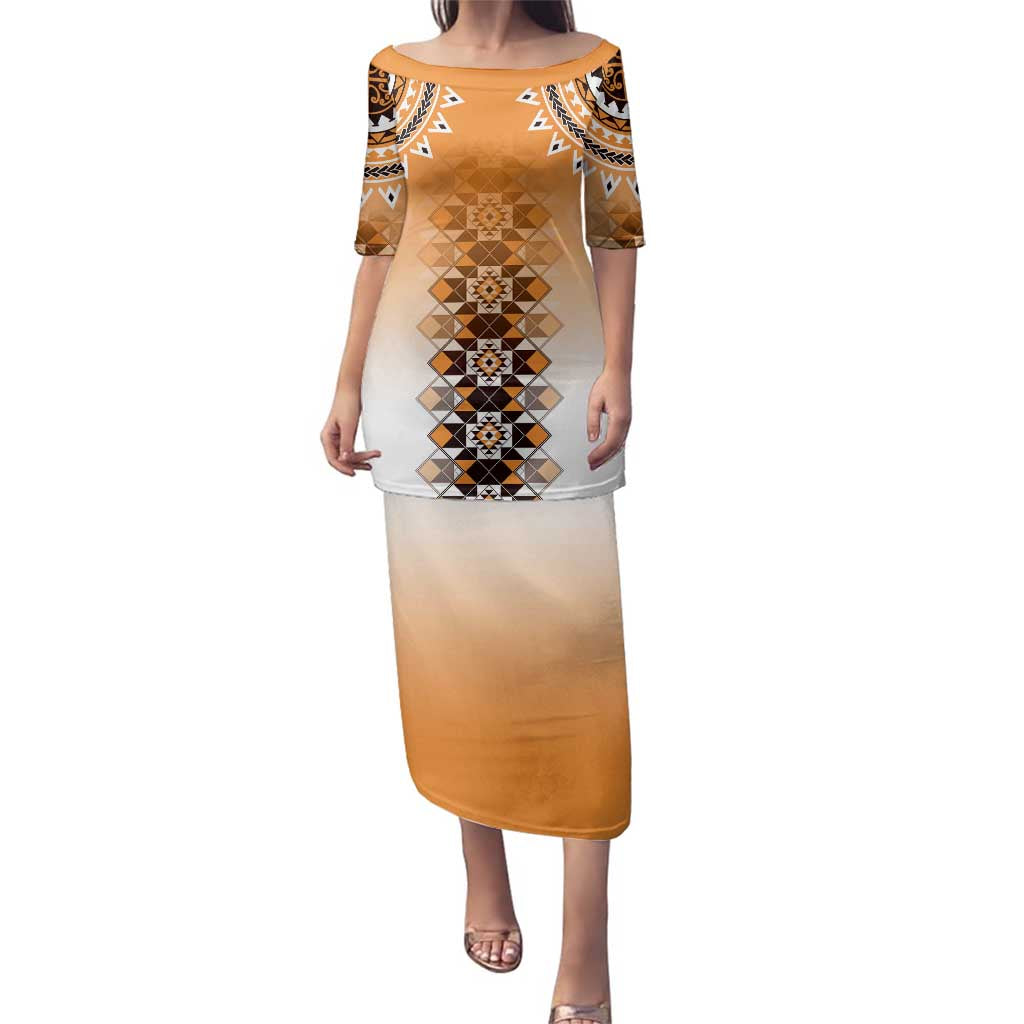 New Zealand Family Matching Puletasi and Hawaiian Shirt Poutama Mix Orange Taniko Inspired Art LT05 Mom's Dress Orange - Polynesian Pride