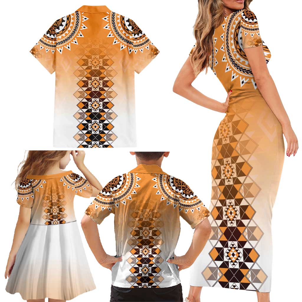 New Zealand Family Matching Short Sleeve Bodycon Dress and Hawaiian Shirt Poutama Mix Orange Taniko Inspired Art LT05 - Polynesian Pride