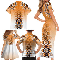 New Zealand Family Matching Short Sleeve Bodycon Dress and Hawaiian Shirt Poutama Mix Orange Taniko Inspired Art LT05 - Polynesian Pride